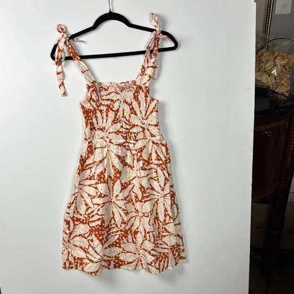 Nicole Miller NWT SZ XS Linen Orange,Cream,Yellow Sun Mini Dress w/Smocking - Picture 1 of 16
